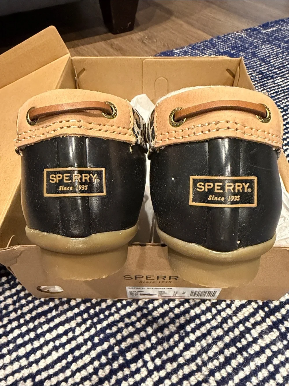 Sperry Black Duck Boot with Leopard Cuff and Tan Laces